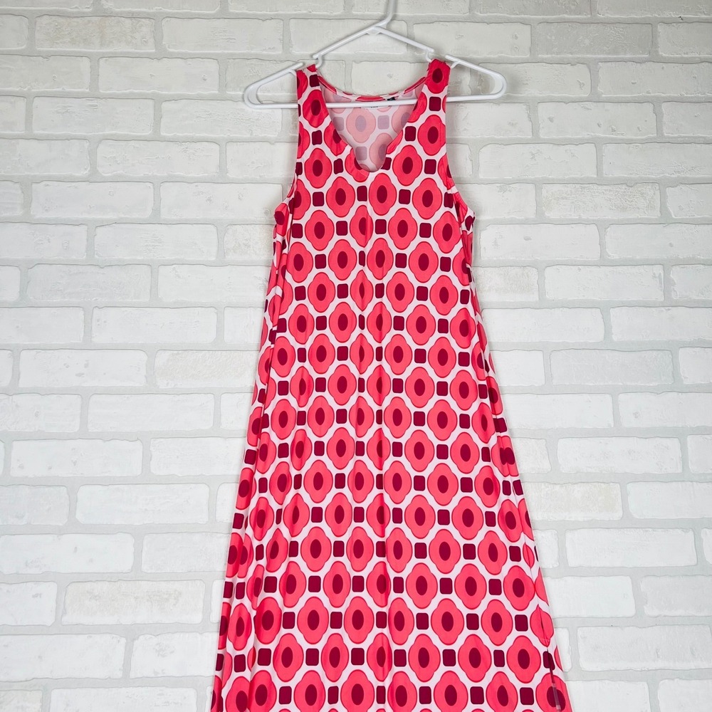 Retro Pink Geometric Sleeveless Maxi Dress Notched V-Neck Side Slit XS